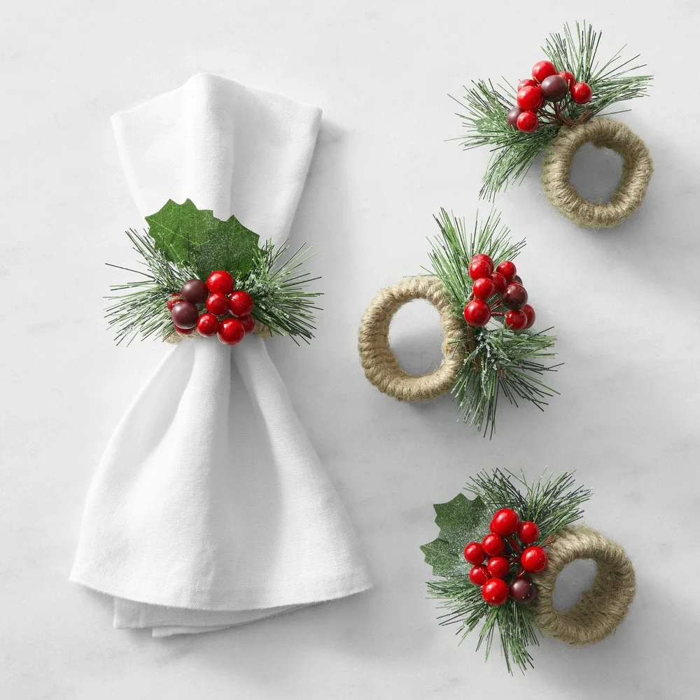 Williams Sonoma Holly Berry Napkin Rings Set of 8 Christmas Holiday Jute NEW